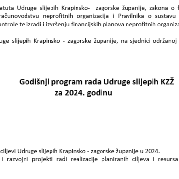 Godišnji program rada Udruge slijepih KZŽza 2024. godinu