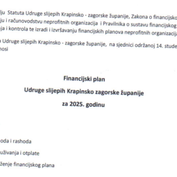 Financijski plan Udruge slijepih Krapinsko zagorske županije za 2025. godinu