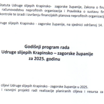 Godišnji program rada Udruge slijepih Krapinsko zagorske županije za 2025. godinu