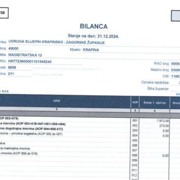 Financijski izvještaj Udruge slijepih KZŽ za 2024